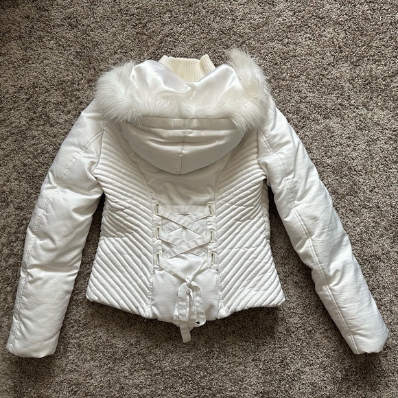 Bebe White Silk Winter Jacket with Lace-Up Back - Picture 2 of 11